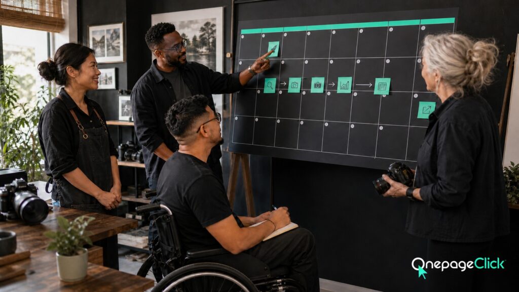 Diverse four-person team: Southeast Asian woman owner, Black male strategist, older white woman photographer, and Latino male designer using a wheelchair reviewing a 30-day calendar linking launch, local SEO, content, measurement, and page expansion in a collaborative studio; OnePageClick one-page website lead generation for Bergen County businesses