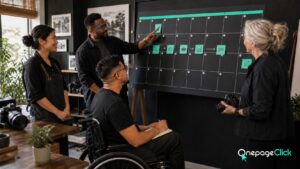 Diverse four-person team: Southeast Asian woman owner, Black male strategist, older white woman photographer, and Latino male designer using a wheelchair reviewing a 30-day calendar linking launch, local SEO, content, measurement, and page expansion in a collaborative studio; OnePageClick one-page website lead generation for Bergen County businesses