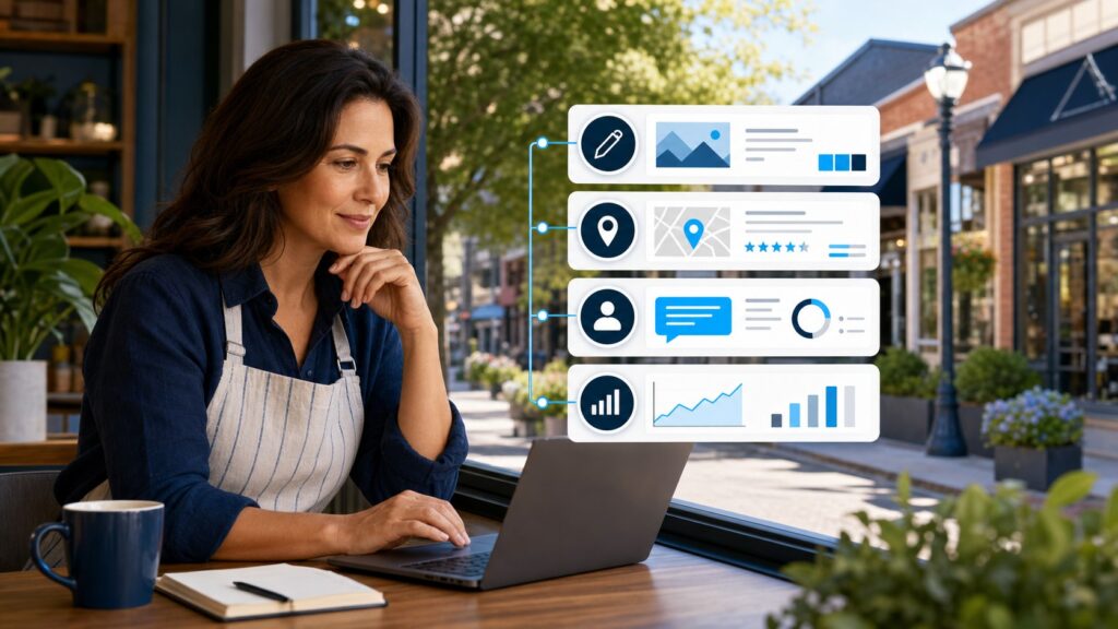 Bergen County local business owner using an AI-assisted marketing workspace