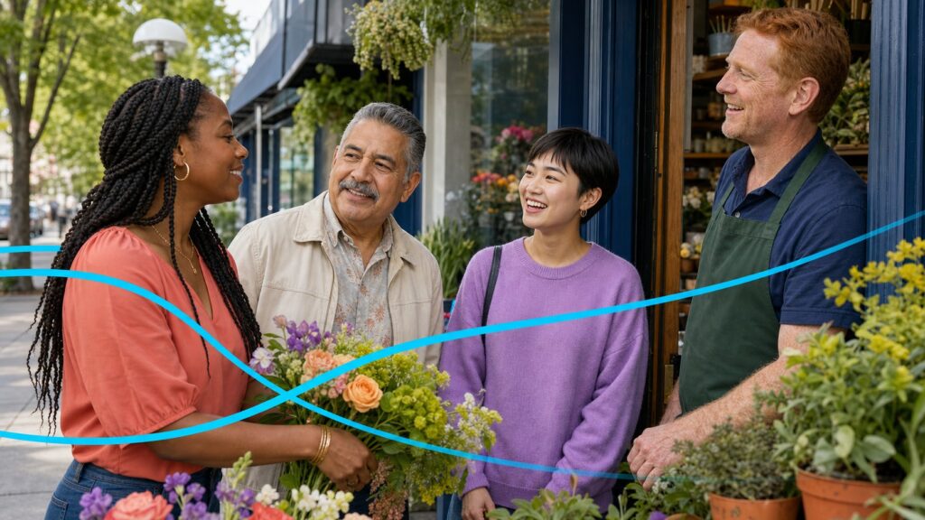 Diverse Bergen County customers and a florist connecting through consistent bilingual marketing