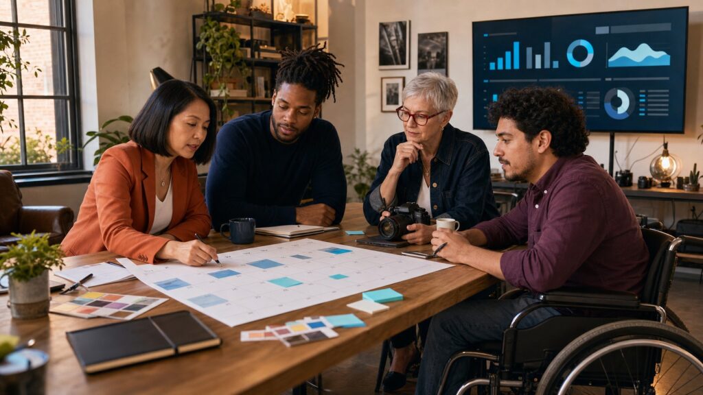 Diverse creative and business team including a wheelchair user reviewing a 30-day lead-generation plan