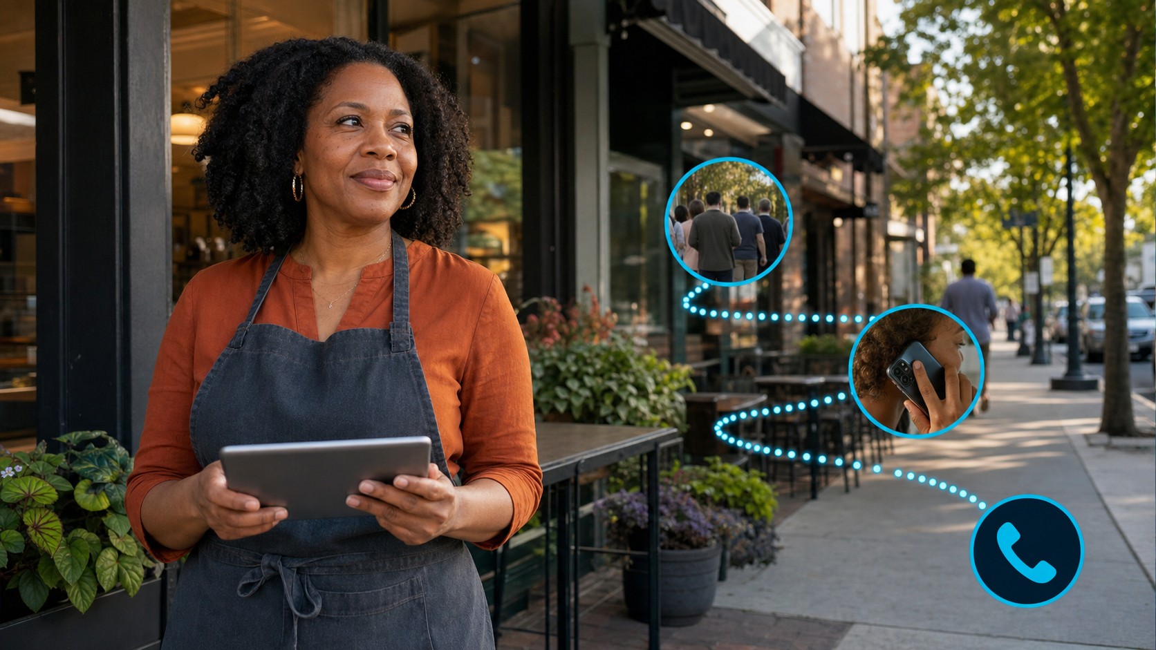 Black woman restaurant owner reviewing a creative marketing funnel outside her Bergen County storefront