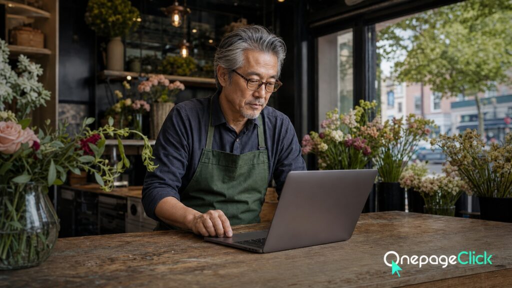 East Asian man florist in his late 50s with silver hair, glasses, and forest-green apron reviewing a clear landing-page path from hero section to inquiry form inside a neighborhood flower shop; OnePageClick one-page website lead generation for Bergen County businesses