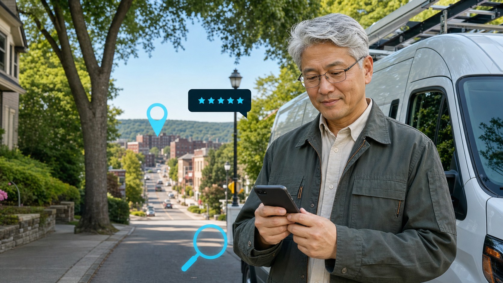 East Asian home-services owner reviewing local search visibility beside his service van in Bergen County