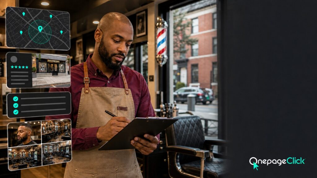 Black man barbershop owner in his early 30s with shaved head, trimmed beard, burgundy shirt, and tan apron checking a local SEO checklist beside an abstract map, storefront profile, reviews, and fresh photos in his barbershop; OnePageClick one-page website lead generation for Bergen County businesses