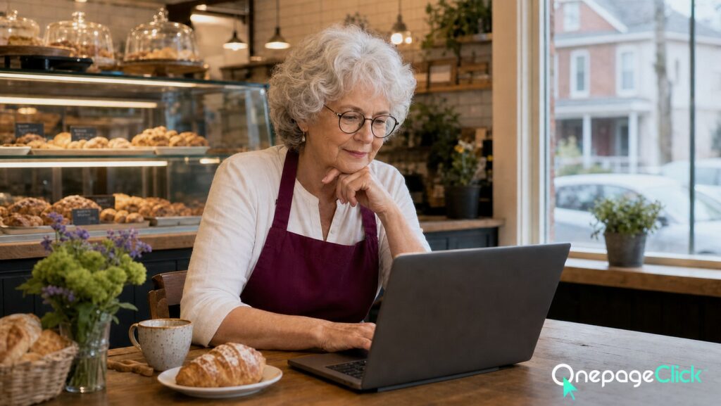 White woman bakery owner in her mid-60s with short white curls, round glasses, and berry apron reviewing a one-page site with abstract search, location, heading, and metadata cues in a neighborhood bakery; OnePageClick one-page website lead generation for Bergen County businesses