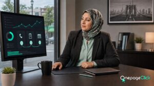 Middle Eastern woman insurance broker in her mid-40s wearing a patterned hijab, charcoal blazer, and mint blouse reviewing an abstract lead dashboard connecting visits, calls, form submissions, and booked consultations in a local office; OnePageClick one-page website lead generation for Bergen County businesses