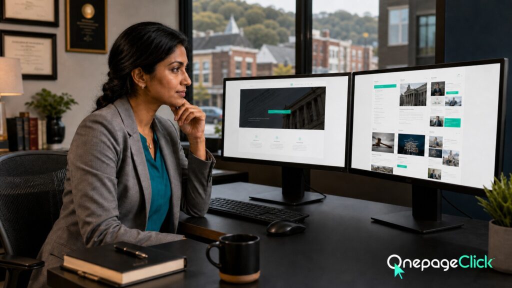 South Asian woman attorney in her mid-30s with a low braid, teal blouse, and gray blazer comparing a focused single-page website with a growing multi-page site on desktop screens in a professional office; OnePageClick one-page website lead generation for Bergen County businesses