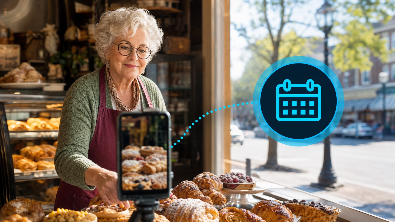 Older woman bakery owner creating social media content designed to generate local bookings