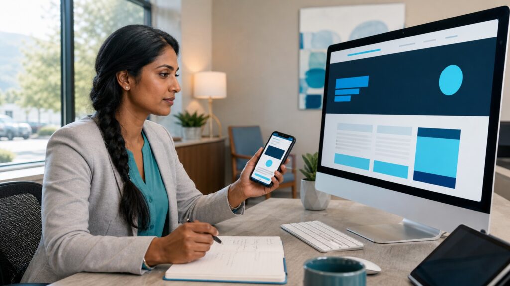 South Asian medical-practice administrator reviewing a desktop and mobile website contact journey
