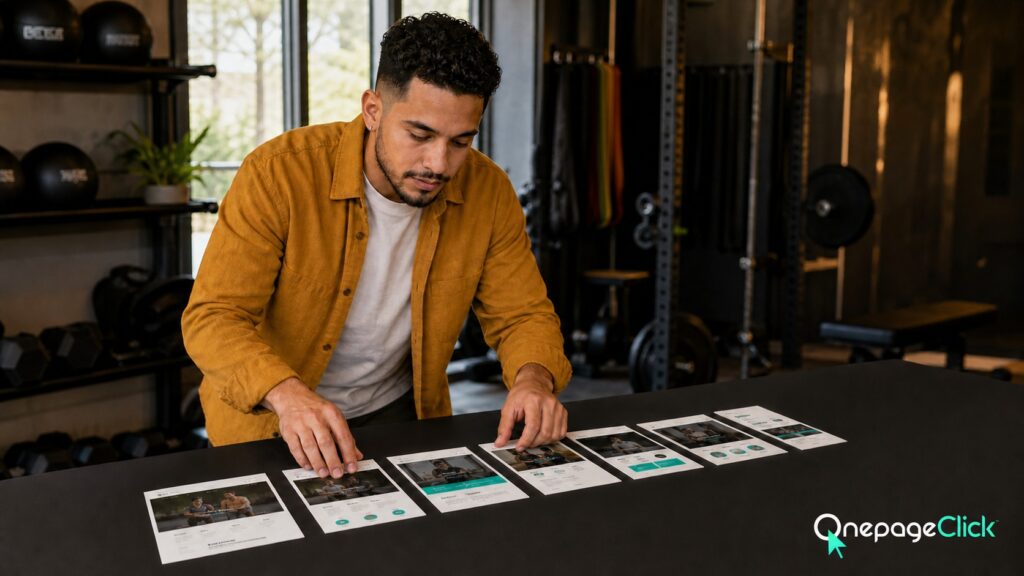 Latino male fitness studio owner in his late 20s with close-cropped curls and mustard overshirt arranging seven visual website-section cards from headline through proof and booking inside a local fitness studio; OnePageClick one-page website lead generation for Bergen County businesses