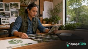 Indigenous male landscape designer in his early 40s with long hair tied back, denim shirt, and olive utility vest organizing logo, photos, services, customer details, domain information, and approval notes in a landscape design studio; OnePageClick one-page website lead generation for Bergen County businesses